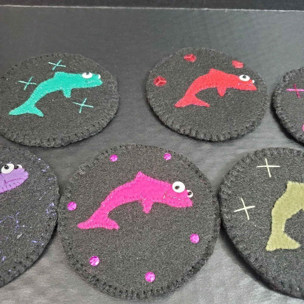 Set Of 6 Whimsical Felt Fish Coasters Black With Colorful Fish